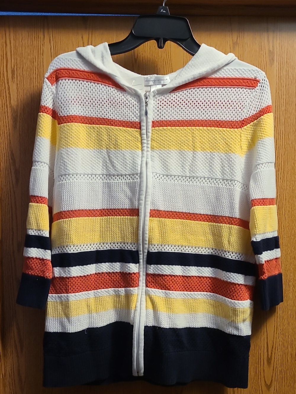 Christopher & Banks White Zip Hoodie with Yellow, Orange & Navy Stripes